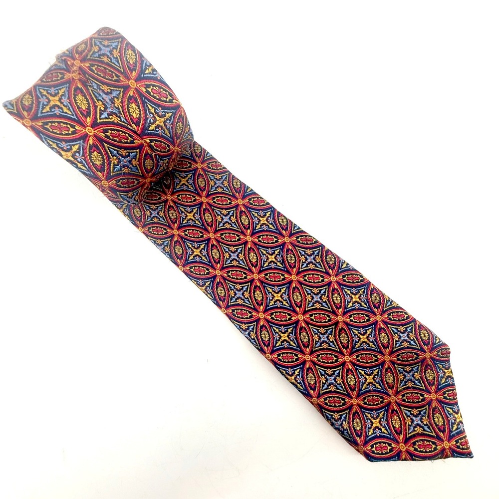 Haines & Bonner London Tie Mens OS Navy Red Gold Silk Geometric Medallion - Picture 3 of 8